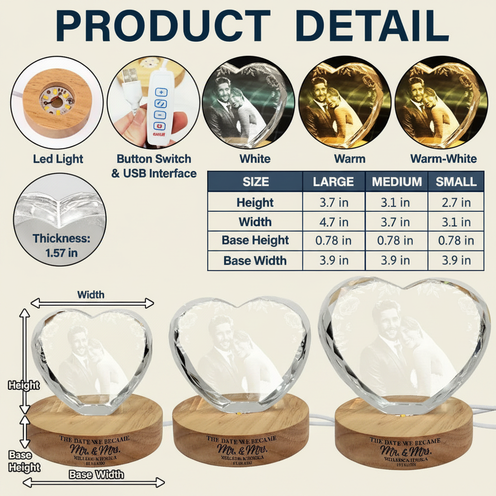Custom Photo The Date We Became Mr & Mrs Wedding Couple - Personalized Crystal Heart Shaped Lamp WUI7O