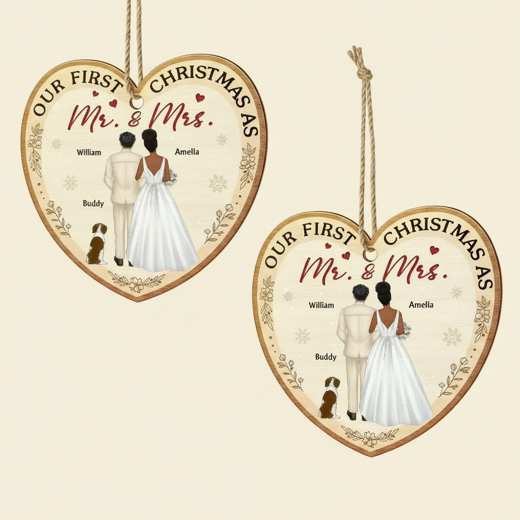 Our First Christmas As Mr & Mrs Wedding Couple Pet - Personalized Custom Shaped Wooden Ornament BCWEG