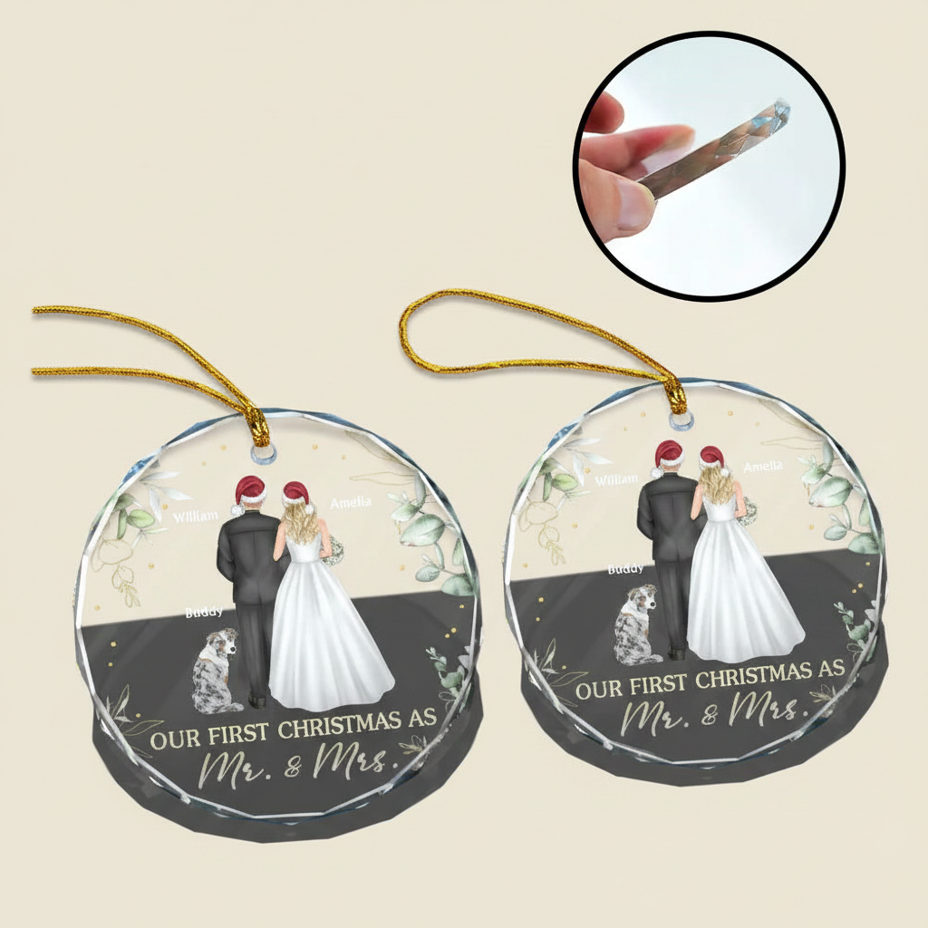 Our First Christmas As Mr & Mrs Wedding Couple Pet - Personalized Circle Glass Ornament N5W8J