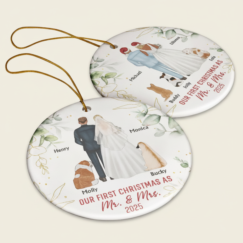 Our First Christmas As Mr & Mrs Wedding Couple Pet - Personalized Circle Ceramic Ornament IDPP8