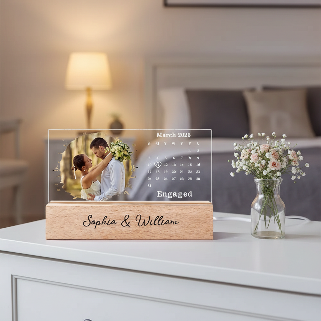 Custom Photo Calendar The Day We Became Mr & Mrs Couple Married Engaged Wedding Gift - Personalized Rectangle LED Light XDL29
