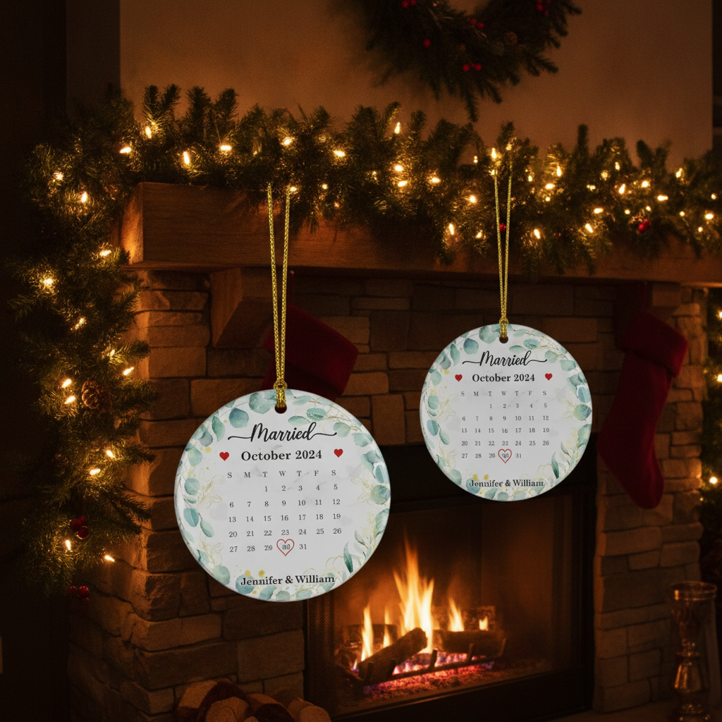 Wedding Calendar Married Engaged Couple - Personalized Circle Ceramic Ornament C4F9I