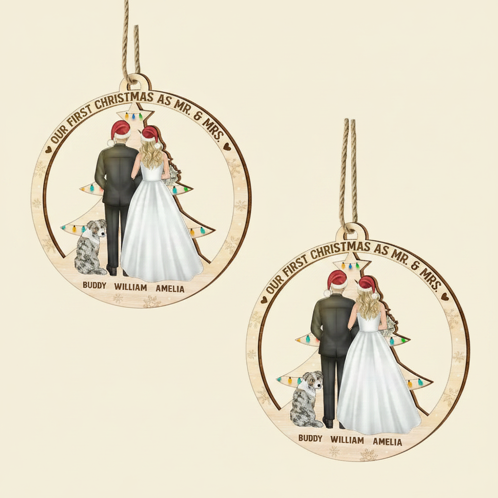 Our First Christmas As Mr & Mrs Wedding Couple And Pet - Personalized Custom Shaped Wooden Ornament APSBB